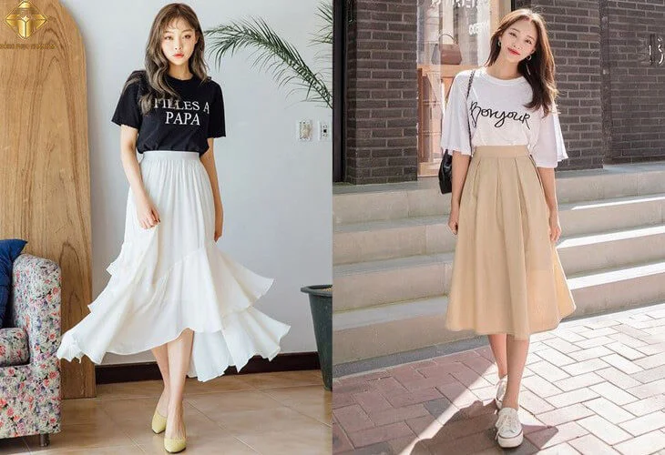 Phối áo thun oversize kết hợp với chân váy dài