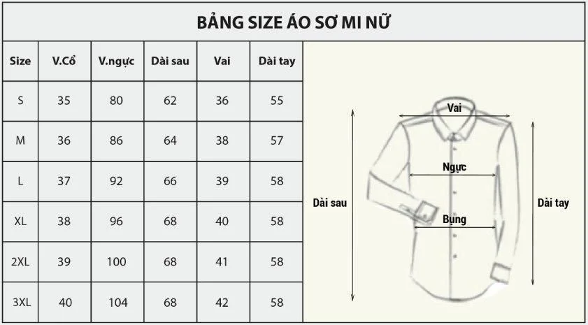 Bảng size áo sơ mi nữ theo vòng đo cơ thể