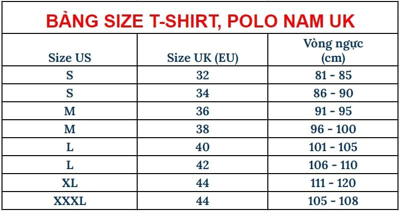 Bảng size áo polo T-shirt Châu Âu