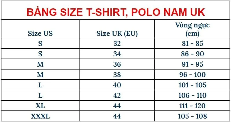 Bảng size áo polo T-shirt Châu Âu