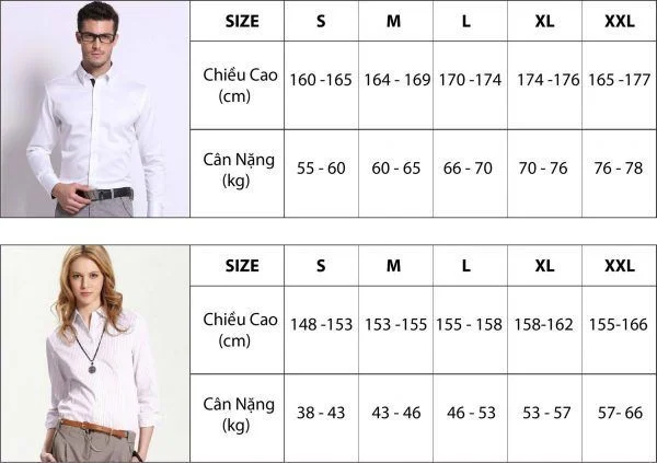 Bảng size áo sơ mi nam nữ theo chiều cao cân nặng