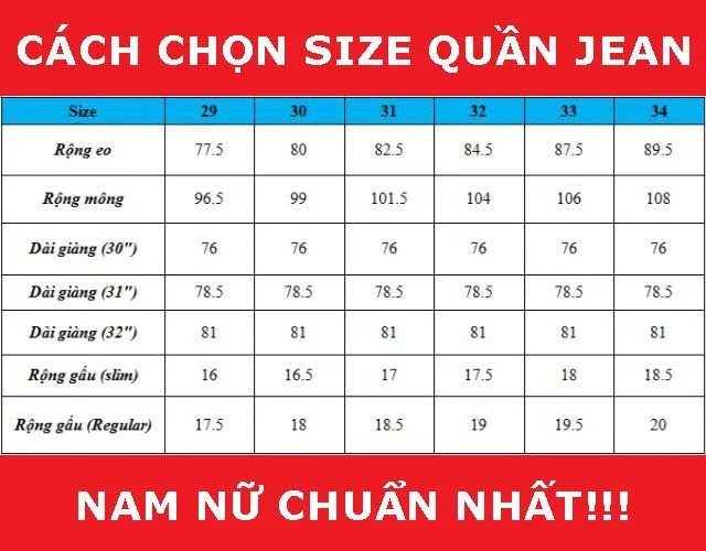Bảng size quần jean nam nữ
