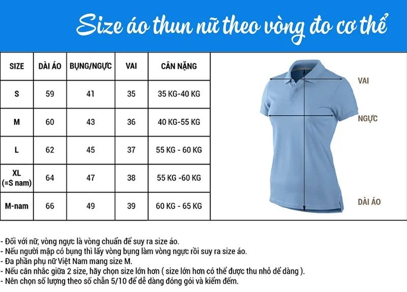 bảng size áo thun nữ theo vòng đo cơ thể