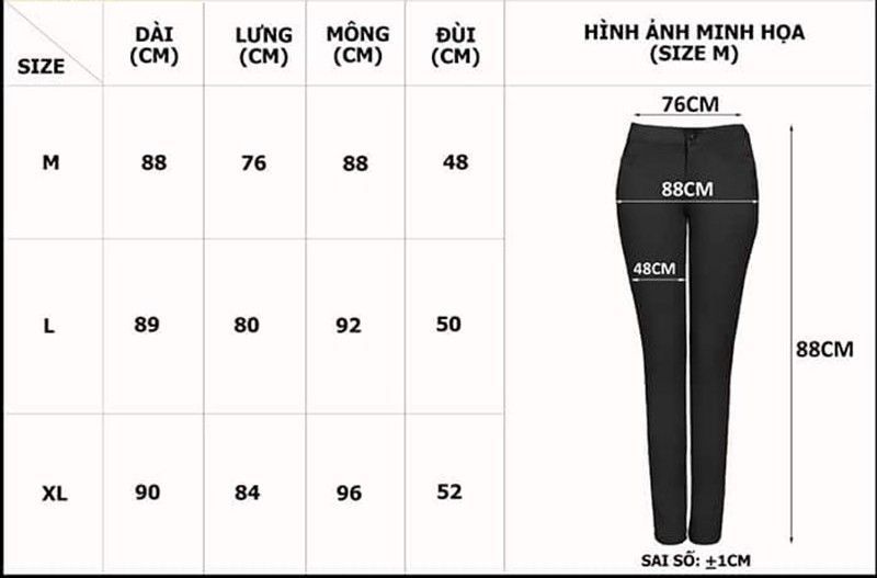 Bảng size quần nữ theo vòng đo cơ thể
