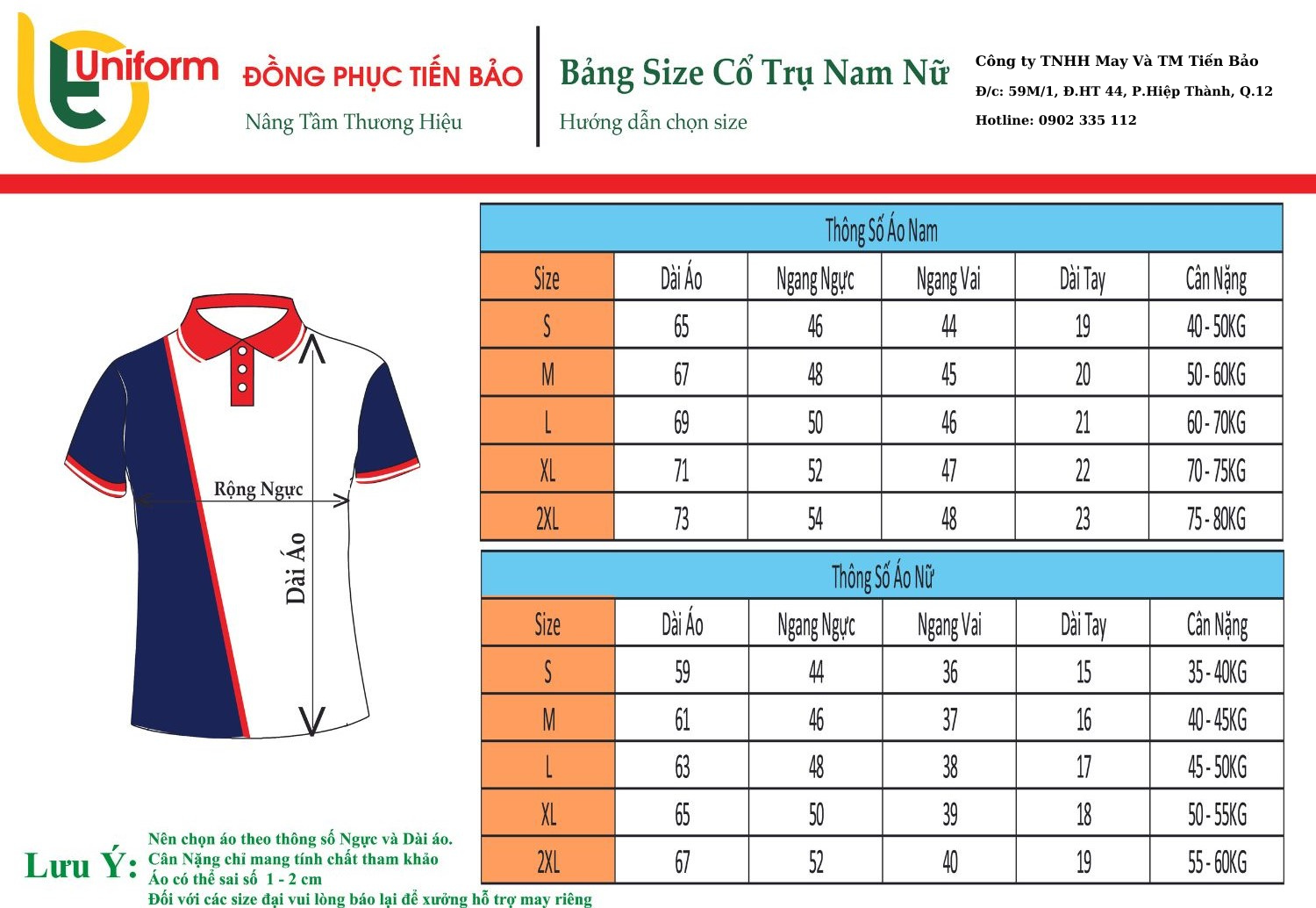 Bảng size áo thun cổ trụ