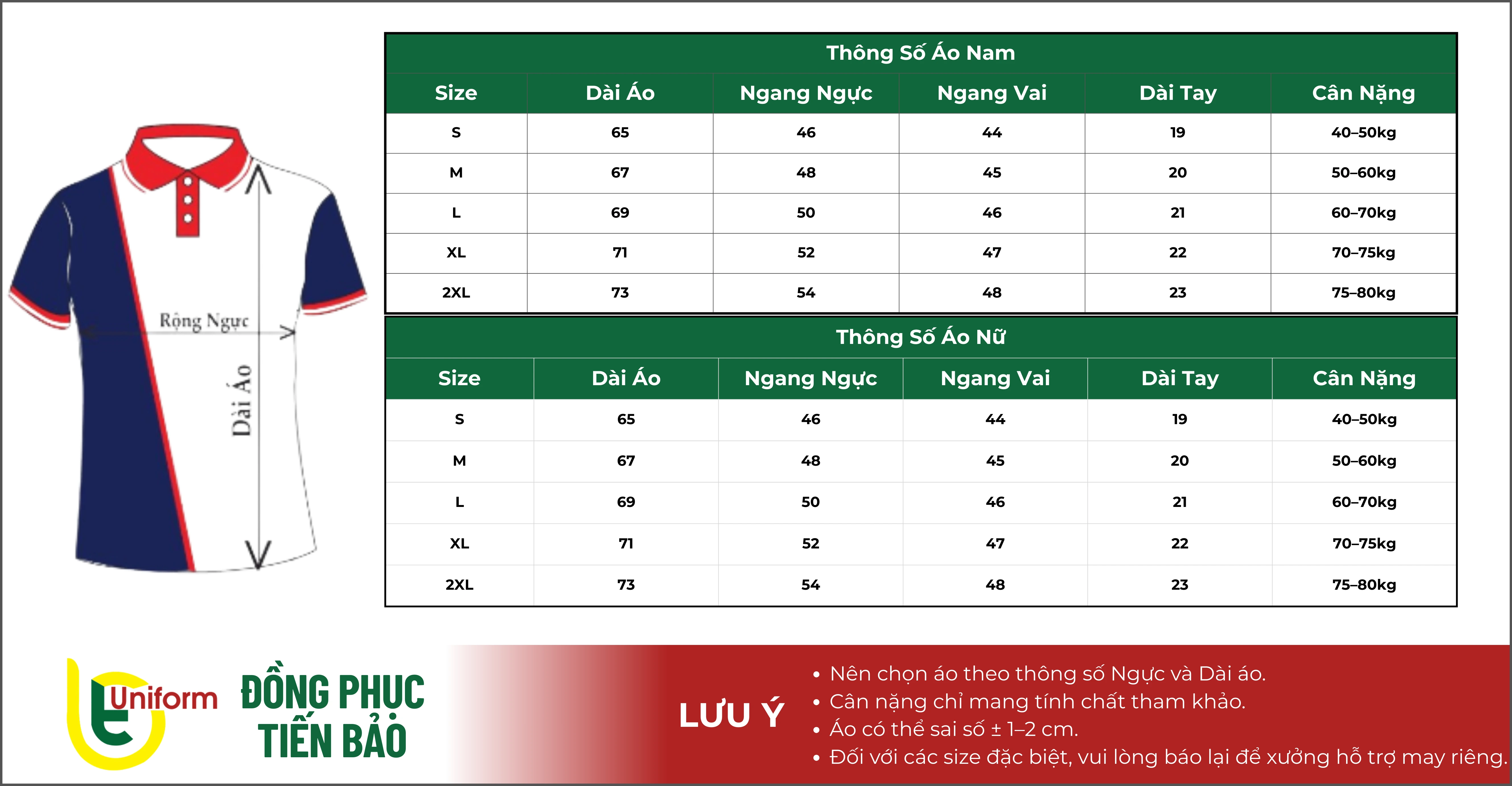 Bảng size áo thun cổ trụ cho nam- nữ