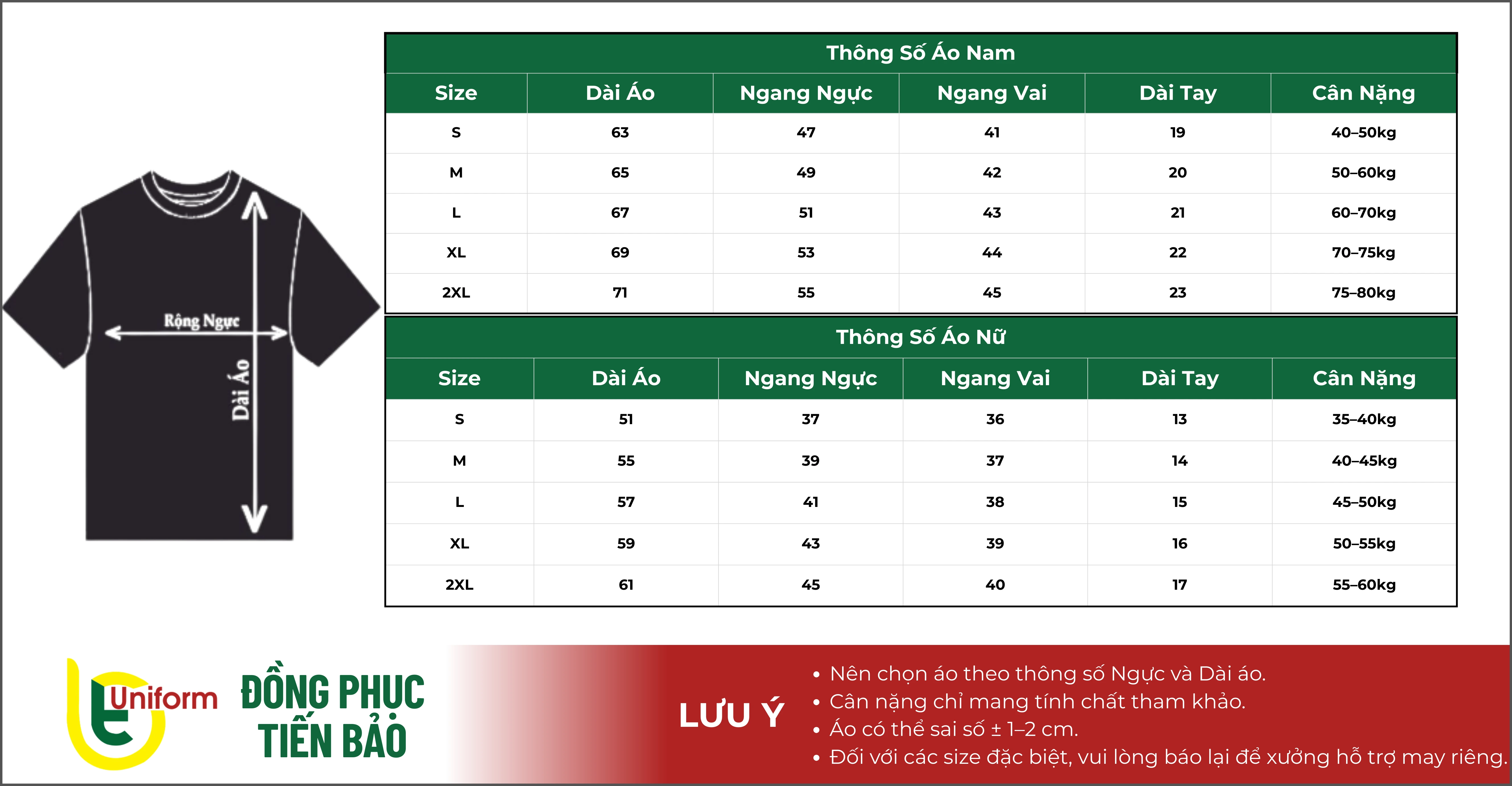 Bảng size áo thun cổ tròn cho nam- nữ