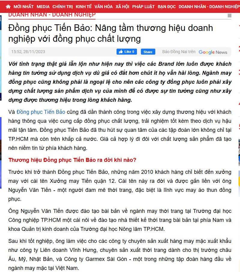 Báo Hà Tĩnh nói về Đồng phục Tiến Bảo